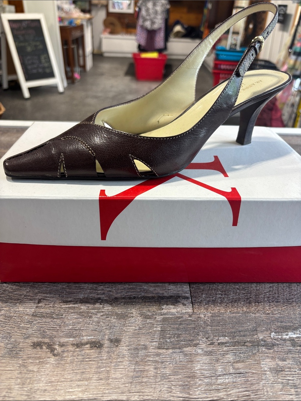 Anne Klein Dark Brown Leather Slingback Pointed Toe Pump